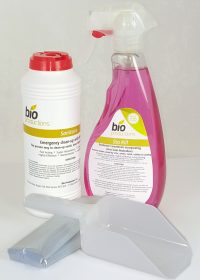 Bodily Fluids kit includes Sanitaire Powder and Sta Kill Sanitizer, Scoop and Disposable Gloves