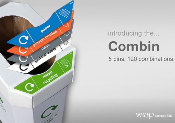 Combin - 5 Corrugated Cardboard/Plastic Reclycling Bins + 25 stickers