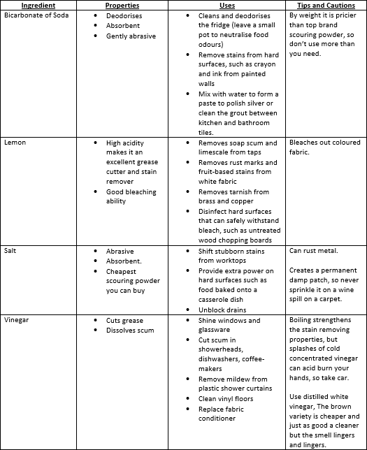 GREEN CLEANERS ENVIRONMENTALLY FRIENDLY LEMON SALT VINEGAR BICARBONATE OF SODA