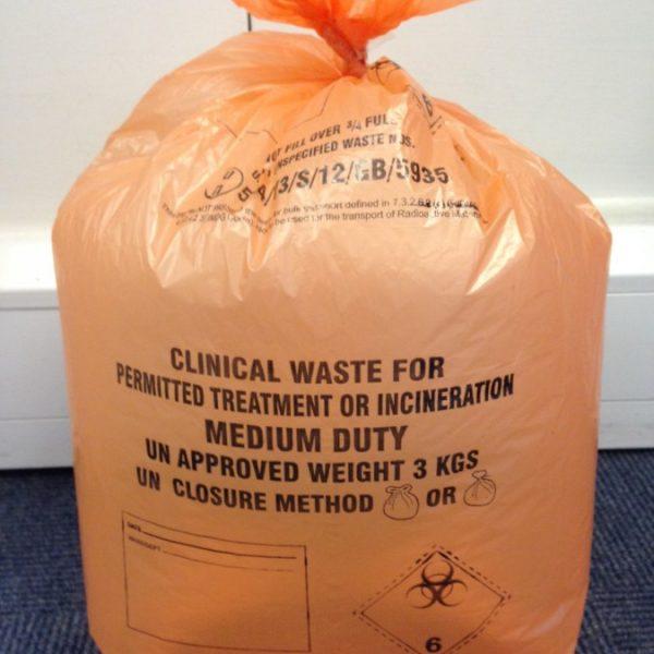 500 Clinical Waste Sacks Orange Rated for 3Kg Size 11" x 17" x 26"