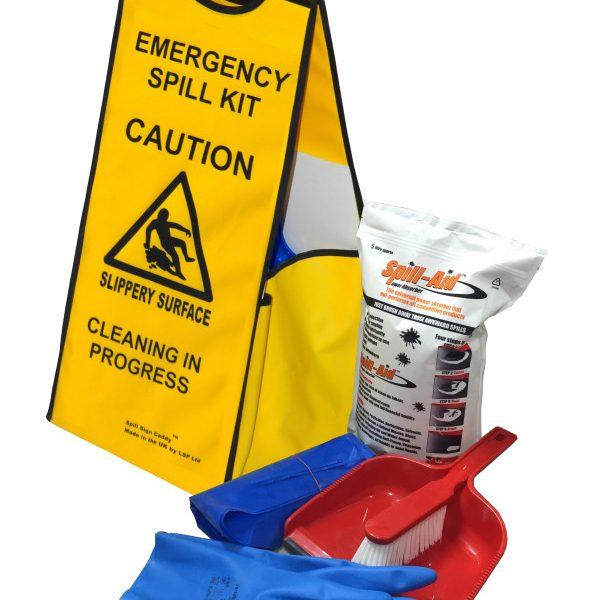 Spill Sign Caddy Kit - Incls Carry Sign, 5L Spill Aid, DustPan and Brush, Gloves and Sacks