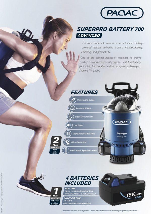 Pacvac Battery Backpack Vac, with four batteries (available March 2019)