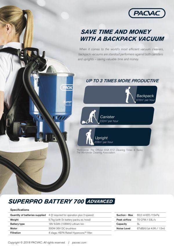 Pacvac Battery Backpack Vac, with four batteries (available March 2019)